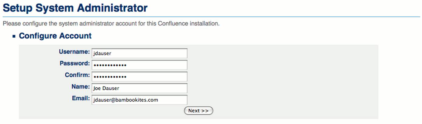 Confluence administrative user details entry. Confluence administrative user details entry.