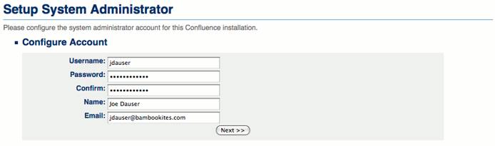 Confluence administrative user details entry. Confluence administrative user details entry.
