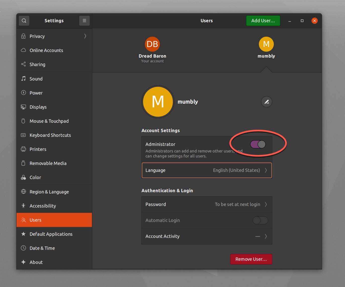 Toggle the administrator option on Toggle the administrator option on