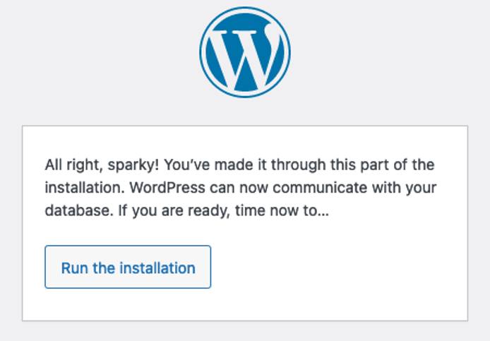 Page to start running the WordPress installation
