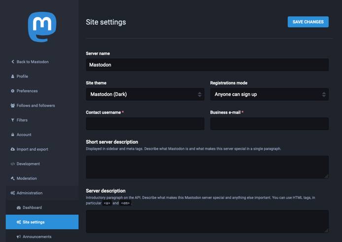 Mastodon administration page Mastodon administration page