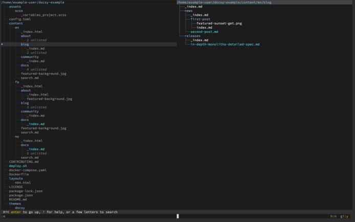 Two directory trees in separate panels in broot Two directory trees in separate panels in broot