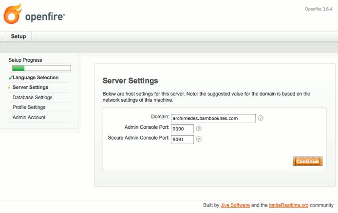 Domain and admin ports selection in Openfire setup on Debian 6 (Squeeze). Domain and admin ports selection in Openfire setup on Debian 6 (Squeeze).