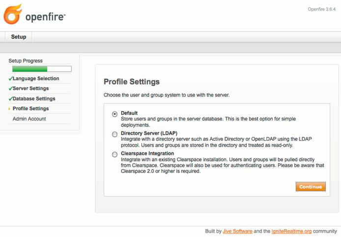 Profile storage selection in Openfire setup on Debian 6 (Squeeze). Profile storage selection in Openfire setup on Debian 6 (Squeeze).