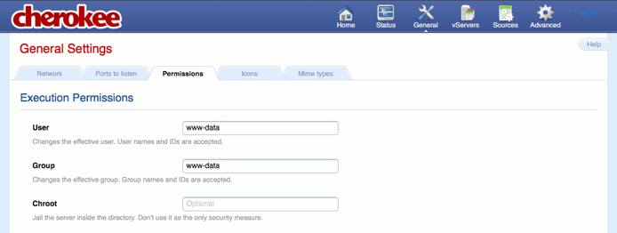 Permissions tab on the general page of the Cherokee admin panel on Fedora 13. Permissions tab on the general page of the Cherokee admin panel on Fedora 13.
