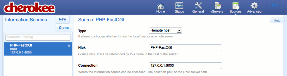 A newly created information source on the “Sources” page of the Cherokee admin panel on Fedora 13.