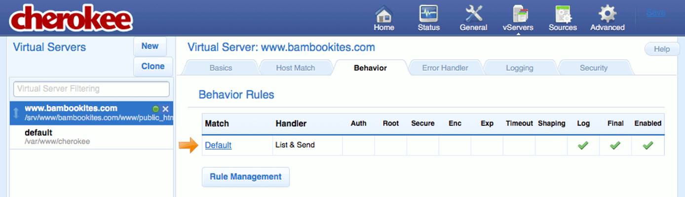 The “Behavior” tab on the “vServers” page of the Cherokee admin panel on Fedora 13. The “Behavior” tab on the “vServers” page of the Cherokee admin panel on Fedora 13.