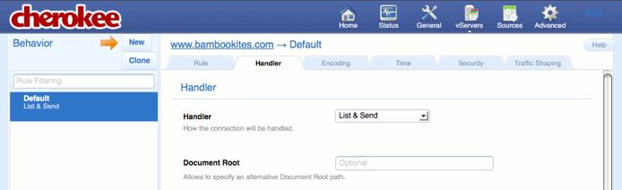 The “Handler” tab on the “vServers” page of the Cherokee admin panel on Fedora 13. The “Handler” tab on the “vServers” page of the Cherokee admin panel on Fedora 13.