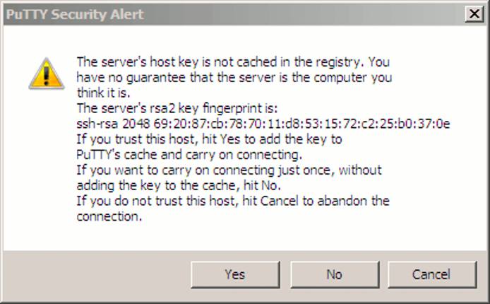 An SSH key alert in PuTTY. An SSH key alert in PuTTY.