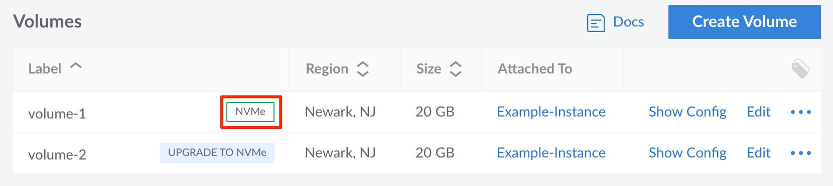 A list of Volumes with a red box highlighting the NVMe label