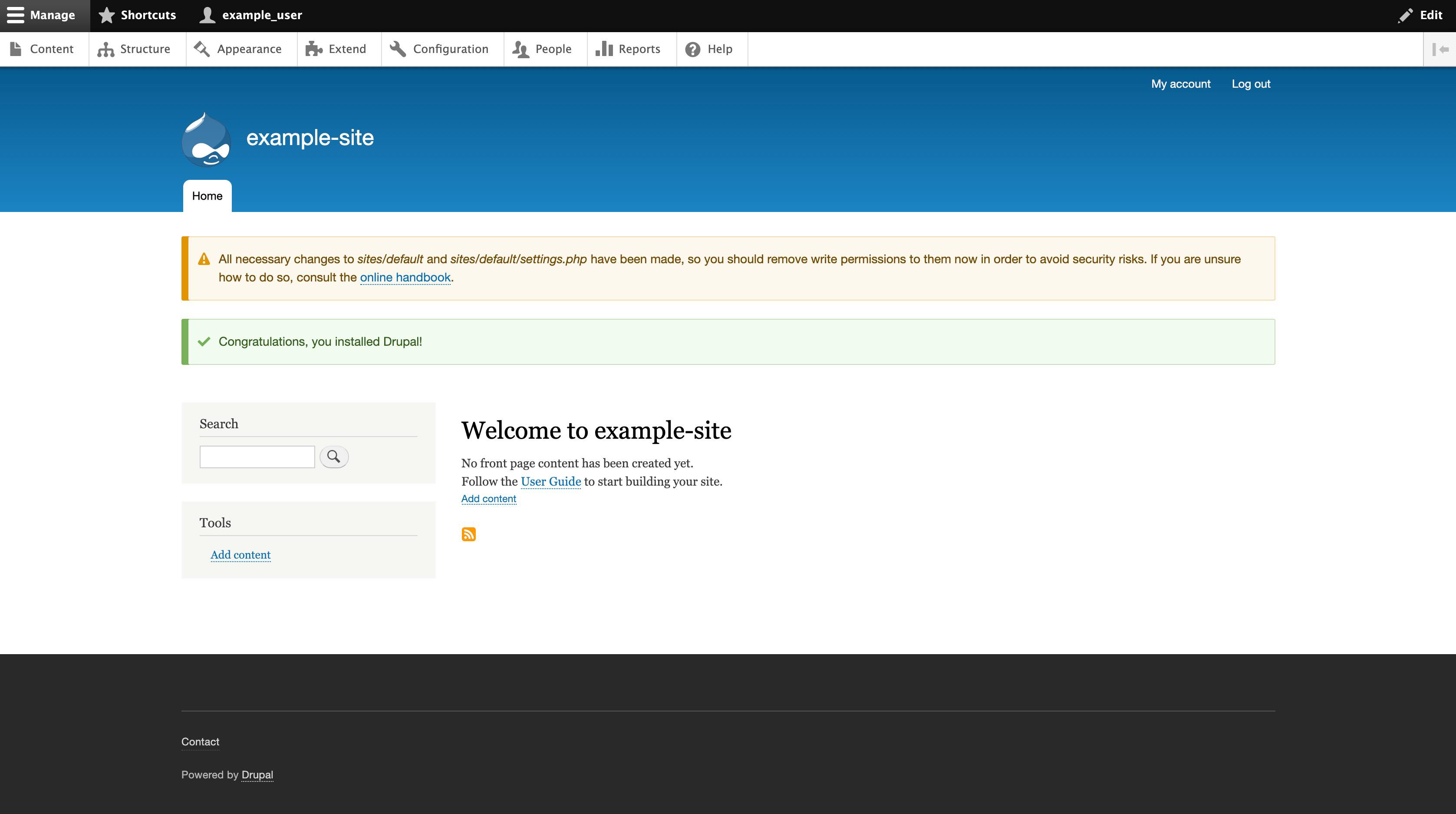 You will be brought to your Drupal site&rsquo;s admin panel where you can begin building your Drupal site.
